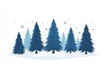Fototapeta premium Winter landscape, minimalist forest blue pine trees snowy scene, geometric shapes Christmas card design white background