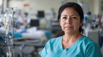 Compassionate female healthcare worker standing in a hospital room with medical equipment in the background, portraying dedication to patient care and wellness