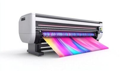 Professional laser printer producing vibrant graphics in modern studio environment with gigapixel detail