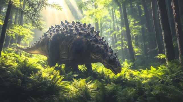 An ankylosaurus roams through a lush vibrant prehistoric forest