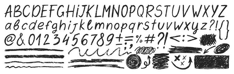 Grunge charcoal scribble stripes, freehand numbers, emphasis arrows, hand-drawn doodle squiggles with crayon or chalk texture. Black vector illustration on a white background.