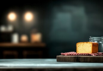 Freshly Baked Bread on a Wooden Board with Jar in Cozy Kitchen Atmosphere