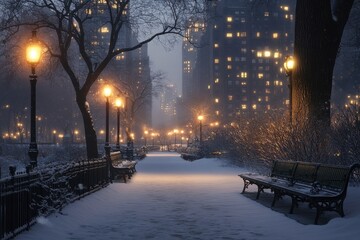 Winter urban park snowy path bare trees green benches glowing streetlamps misty atmosphere