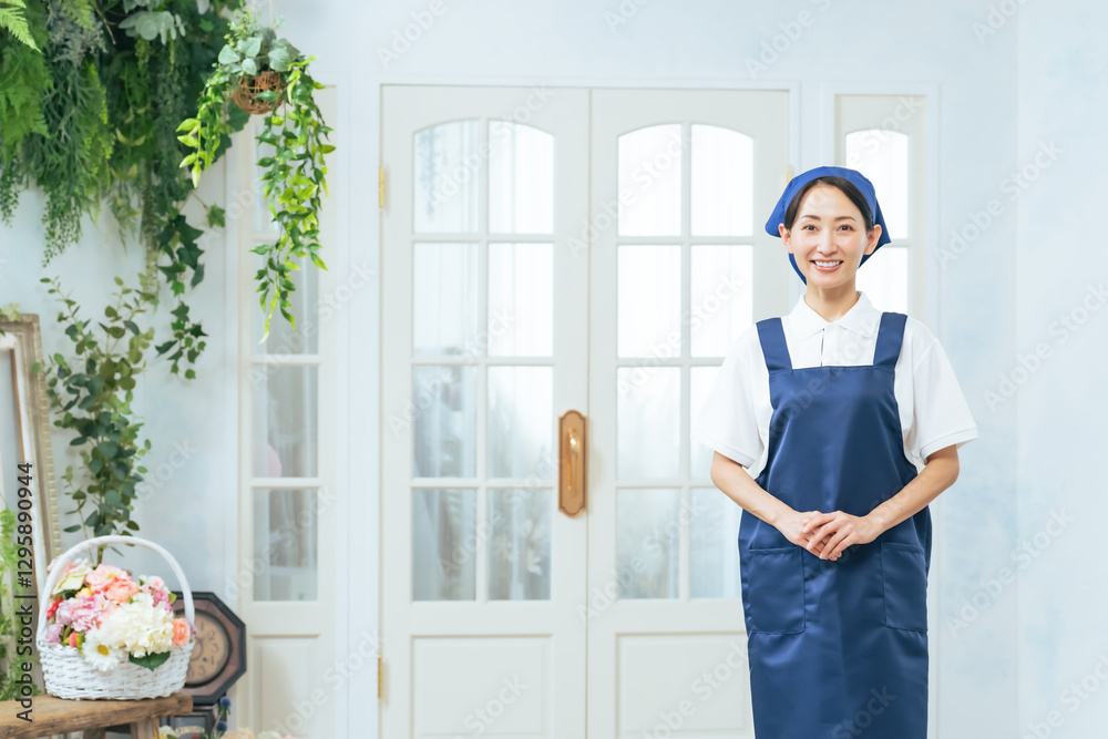 Fototapete 店員、女性、エプロン、玄関、出迎え、歓迎、受付、カフェ、飲食店、開業、スタッフ、主婦、清掃、掃除、清掃員、インテリア、コーディネーター、片付け、家事代行、代行、扉、ドア、ディスプレイ、装飾、リフォーム、業者、建築、住宅、店舗、改装、ミドルエイジ、日本人、仕事、アルバイト、パート、副業、笑顔、開店、ショップ、エントランス、レストラン、サービス、コピースペース、カメラ目線、ハウスキーパー、ホテル、三角