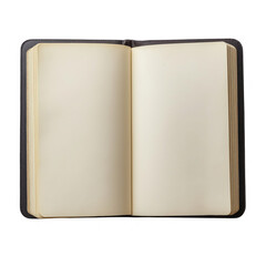 Open blank notebook with a black cover, featuring empty pages for notes, sketches, or journaling. Minimal design for creativity and ideas. Isolated on transparent background, PNG.