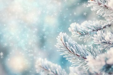 Winter wonderland, frost-covered pine needles, ethereal snowflakes, soft focus, dreamy