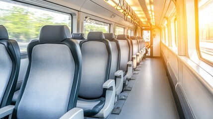 Modern train interior with empty seats showcasing sleek design, bright lighting, and clean atmosphere in daylight