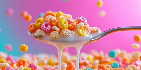 National cereal day with milk and energy idea. Colorful cereal in milk on a spoon against a vibrant background.