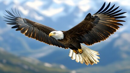 Obraz premium Majestic bald eagle soaring gracefully through the air against a bright sky
