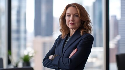 Confident Business Woman in Modern Office Setting Overlooking City Skyline with Arms Crossed Emphasizing Professionalism and Leadership in Corporate Environment