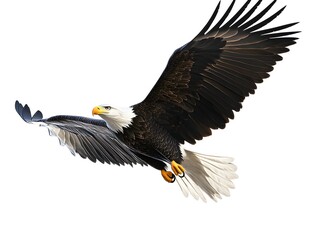 Fototapeta premium A majestic bald eagle soaring effortlessly in the expansive blue sky