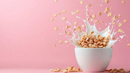 National cereal day with milk and energy idea. Bowl of cereal splashing milk against a pink background.