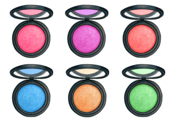 Colorful makeup eyeshadow palettes, vibrant pressed powder compacts, pink purple blue orange green shades, circular compact cases, shimmering cosmetic pigments, beauty product photography