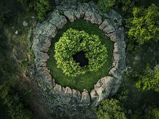 A large circular rock formation in the middle of a lush green forest, with intriguing historical and mystical associations.