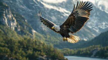 Fototapeta premium Graceful bald eagle soaring above a serene lake surrounded by lush nature