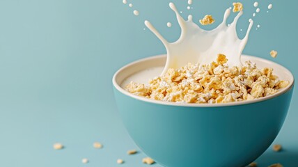 National cereal day with milk and energy idea. Bowl of cereal with milk splashing on a blue background.