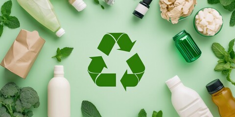 consumer trends sustainability concept. Eco-friendly products arranged around a recycling symbol on a green background.