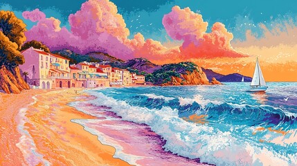 Naklejka premium A lively anime-style depiction of Saint-Tropez beach, vibrant sunlit waves rolling onto the colorful shoreline, with whimsical pink and orange clouds and a sailboat floating in the distance.