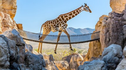 Giraffe carefully walks across a rope bridge between rocky cliffs