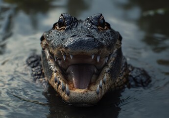 Close-Up of a Smiling Alligator with Sharp Teeth Surrounded by Water in a Natural Habitat During Daylight