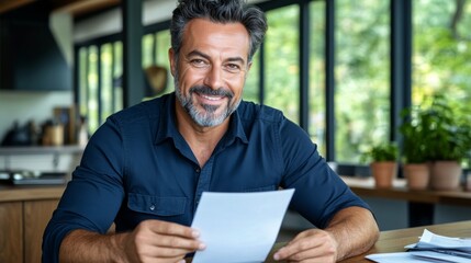 Smiling man reviewing documents in a modern kitchen with natural light during the day