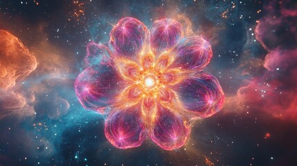 Vibrant Cosmic Floral Pattern with Glowing Energy and Stars in a Stunning Interstellar Background