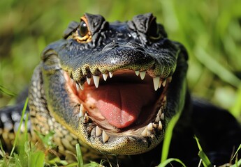 Obraz premium Close-up of a Smiling Alligator with Wide Open Mouth and Sharp Teeth on Lush Green Grass in a Natural Outdoor Environment