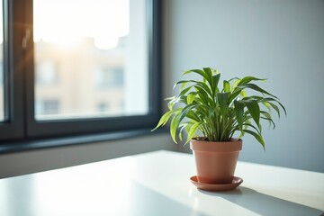Fototapeta premium A potted plant on a modern desk, symbolizing simplicity and focus in a clean workspace.