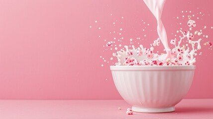 National cereal day with milk and energy idea. Creamy milk in a bowl with pink backdrop and colorful cereals.