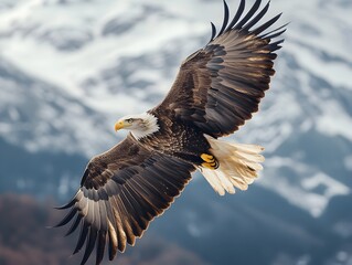 Obraz premium Majestic bald eagle soaring high above a breathtaking mountain range capturing freedom
