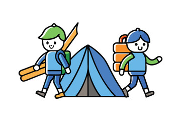 Vector art illustration of two campers carrying firewood back to their campsite.eps