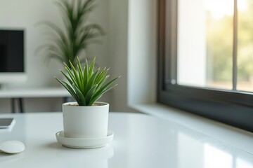 A potted plant on a modern desk, symbolizing simplicity and focus in a clean workspace.