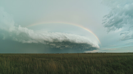 vibrant double rainbow arcs over vast field beneath dramatic storm clouds