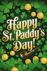 St Patrick's day concept, Saint Patrick's day holiday, Happy St Paddy s Day Irish Holiday Greeting Card Design with Shamrocks Gold Coins and Smoking Pipe