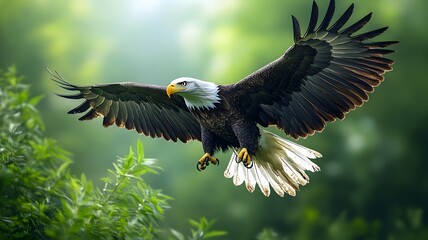 Obraz premium Majestic bald eagle soaring gracefully through the clear blue sky with wings fully extended
