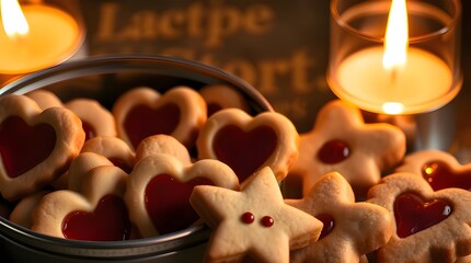 A candid street photography style image of a tin of heart-shaped cookies with red jam centers, alongside star, flower, and heart-shaped cookies, all light brown with two dots atop. The image features 
