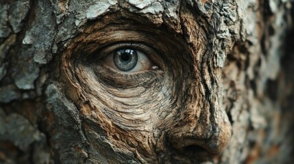 Obraz premium Surreal natural sketch of a human face in tree bark enchanted forest digital art close-up view nature's beauty