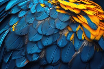 Obraz premium Close-up of a colorful macaw parrot's feathers, showcasing the intricate and iridescent patterns in blue and yellow shades.
