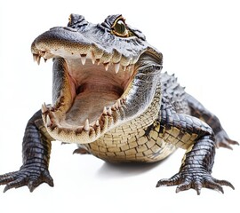 Obraz premium Close-Up of a Striking Alligator with Open Mouth, Showcasing Sharp Teeth and Glimmering Eyes on a White Background for Nature Photography Projects