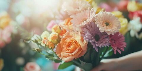 vibrant bouquet of colorful flowers held by florist in sunlit setting