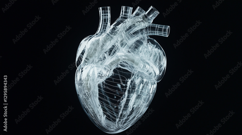 Poster transparent artificial heart model with intricate details on black background