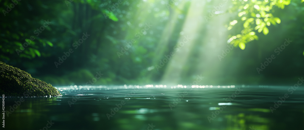 Poster serene forest pond with mystical fog and sunlight streaming through lush trees