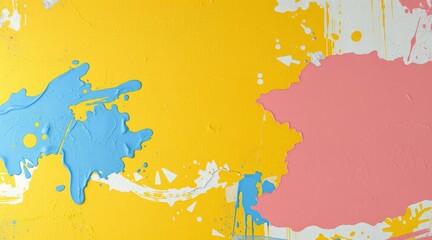 Obraz premium Yellow wall with vibrant blue and pink paint splashes on textured surface