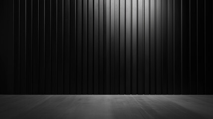 a dark room features a wall with vertical black corrugated metal panels