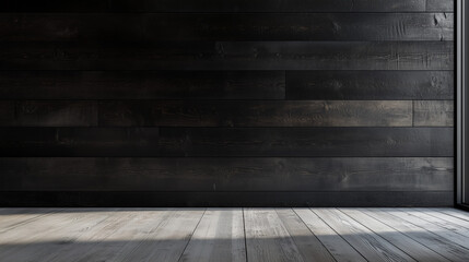 a dark room features a wall with vertical black corrugated metal panels