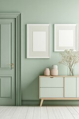 Mint Green Hallway with Empty Frames and Furniture