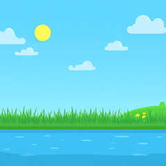 Fototapeta premium Bright sunny landscape with grass, water, and clouds