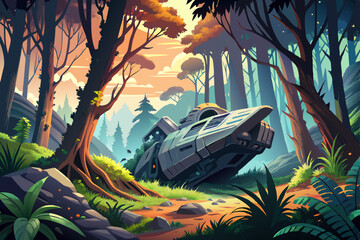 Crashed spaceship in a dense forest, surrounded by tall trees and exotic vegetation, futuristic, detailed, high detail, sci-fi landscape