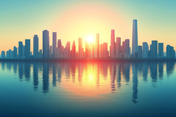 Fototapeta premium Sunset over city skyline reflecting on water