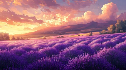 A magical anime-style portrayal of Provence&rsquo;s lavender fields, the deep purple blooms glowing under golden evening light, with rolling hills and a vibrant pastel sky creating a serene atmosphere.